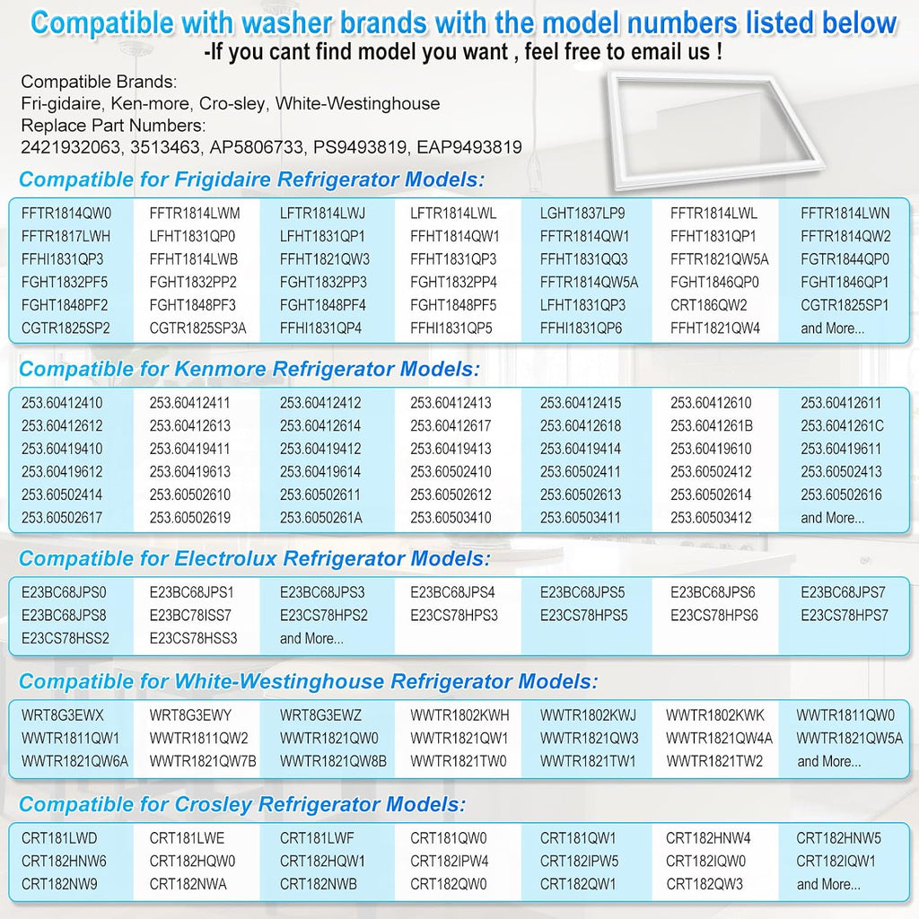 Upgraded 41.62"x28.5" 242193206 Refrigerator Fresh Food Door Gasket Comapatible with Frigidaire Ken-more Cro-sley Refrigerator Door Gasket Seal AP5806733,PS9493819 FFTR1828SP3A,FFTR1828SE0,CRT185SS1