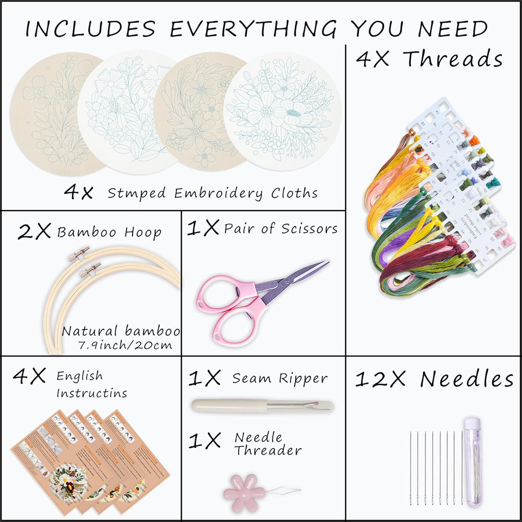 4 Sets Embroidery Set for Beginners Art Crafts Easy Sewing Includes Embroidery Clothes with Pattern, Hoop
