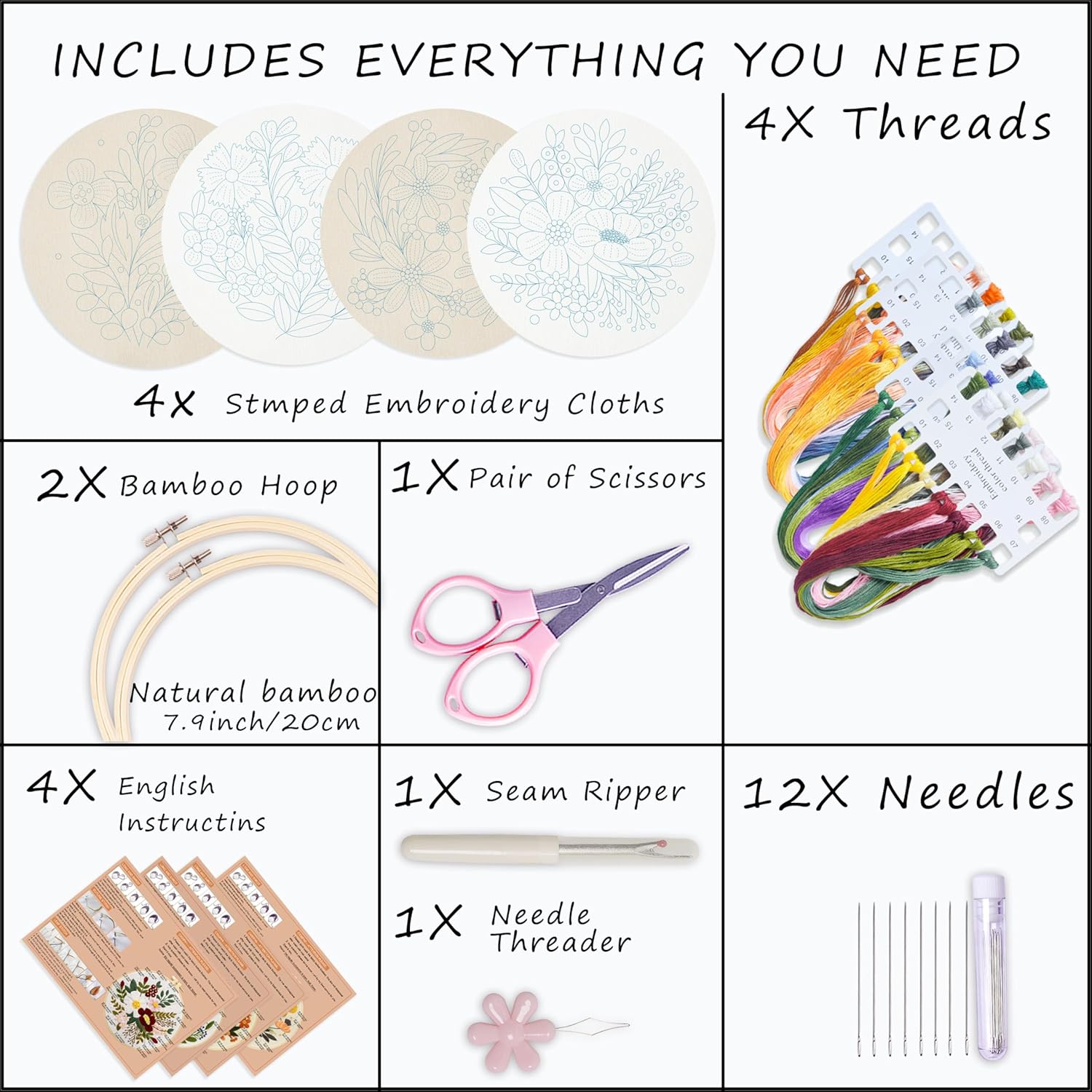 4 Sets Embroidery Set for Beginners Art Crafts Easy Sewing Includes Embroidery Clothes with Pattern, Hoop