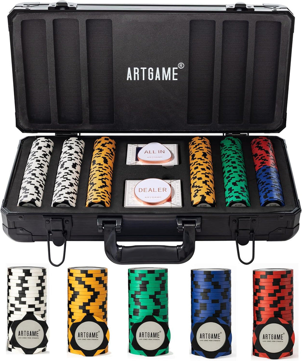 14 Gram Clay Poker Chip Set for Texas Hold’em, 300Pcs Casino Style Chips, with K-Type Aluminum Case and Dealer Buttons.