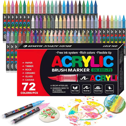 72 Colors Soft Brush Tip Acrylic Markers Set, Paint Pens for Rock, Wood, Fabric, Canvas, Glass, DIY Crafts