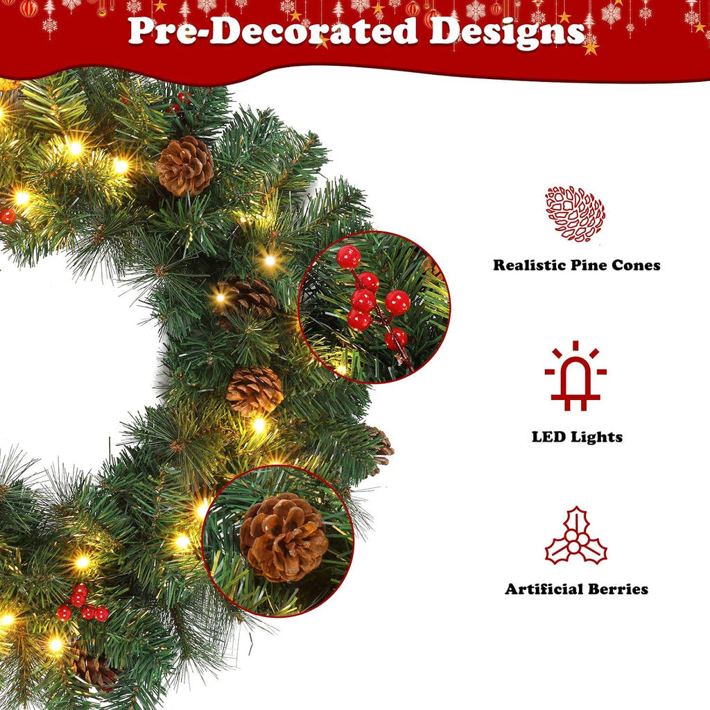 Pre-lit Christmas Tree 5-Piece Set with LED Lights, Christmas Garlands, Wreath and Set of 2 Entrance Trees Artificial