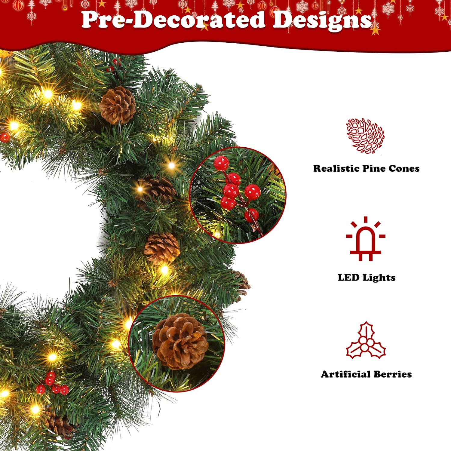 Pre-lit Christmas Tree 5-Piece Set with LED Lights, Christmas Garlands, Wreath and Set of 2 Entrance Trees Artificial