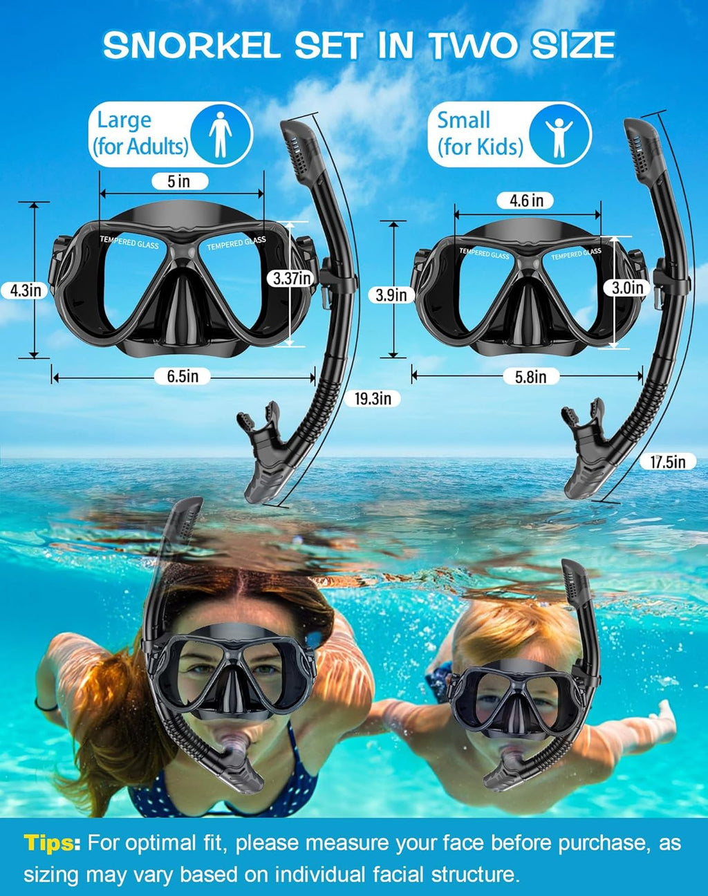 Snorkeling Gear for Adults Kids, Dry Snorkel Mask Set Anti-Fog | Panoramic Wide View Leak-proof, Swim Diving Mask