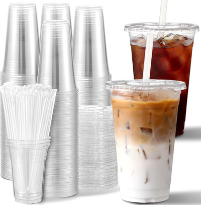 [100 Sets] 16 oz Clear Plastic Cups With Lids and Straws, Disposable Cups With Lids for Iced Coffee, Smoothie
