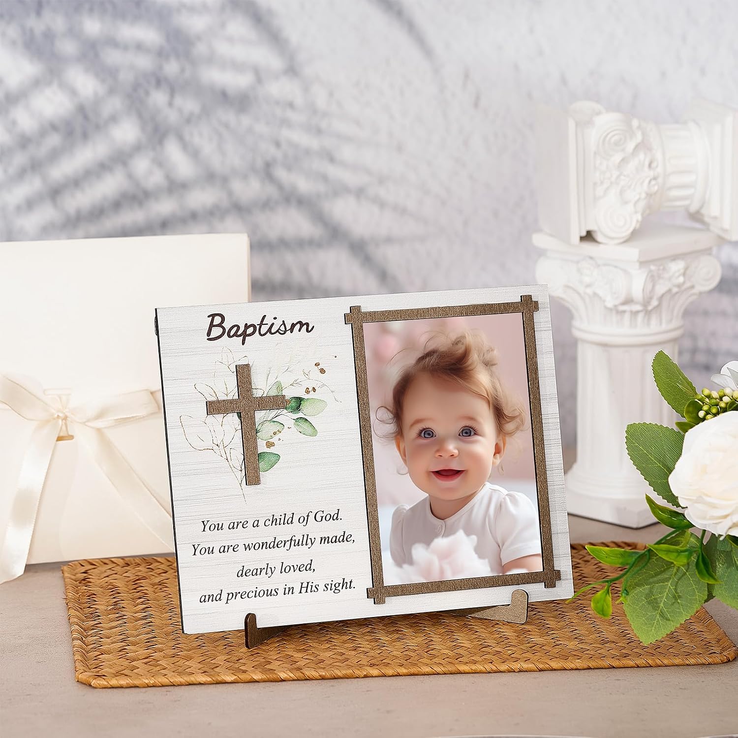 Baptism Gifts for Boys Girls, Baptism Photo Frame with Gift Box, Leaf