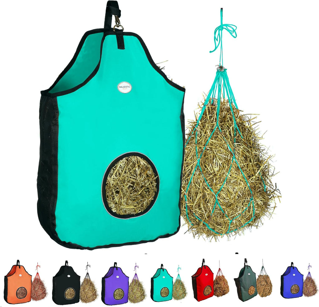1200 D Hay Feeder Tote Bag for Horses, Sheep with Reflective Trim- Reduces Waste - Comes with 36” Hay Net. (Turquoise)