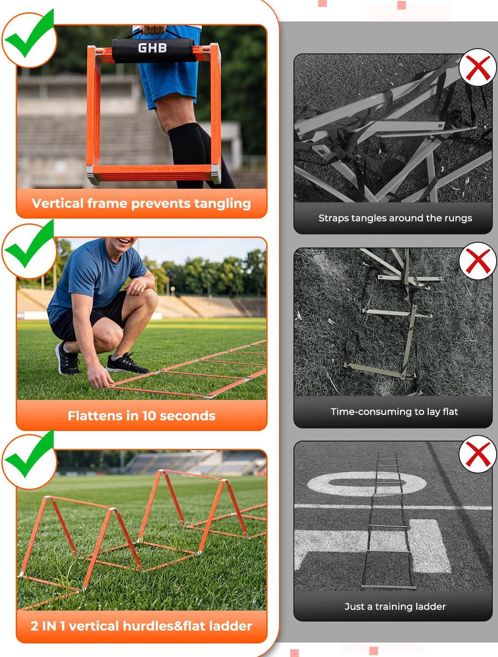 Tangle-Free Agility Ladder Hurdles, 15ft 11 Rungs | 3-in-1 Speed Training Hurdles Set, Footwork Drills for Football