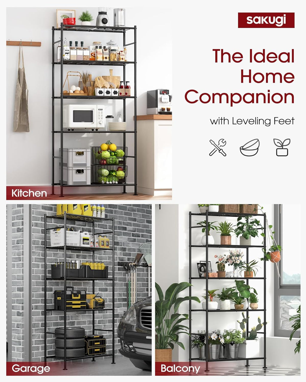 Storage Shelves Organizer - 5 Tier Metal Shelf Organizer with Metal Wheels and Adjustable Leveling Feet, Heavy Duty