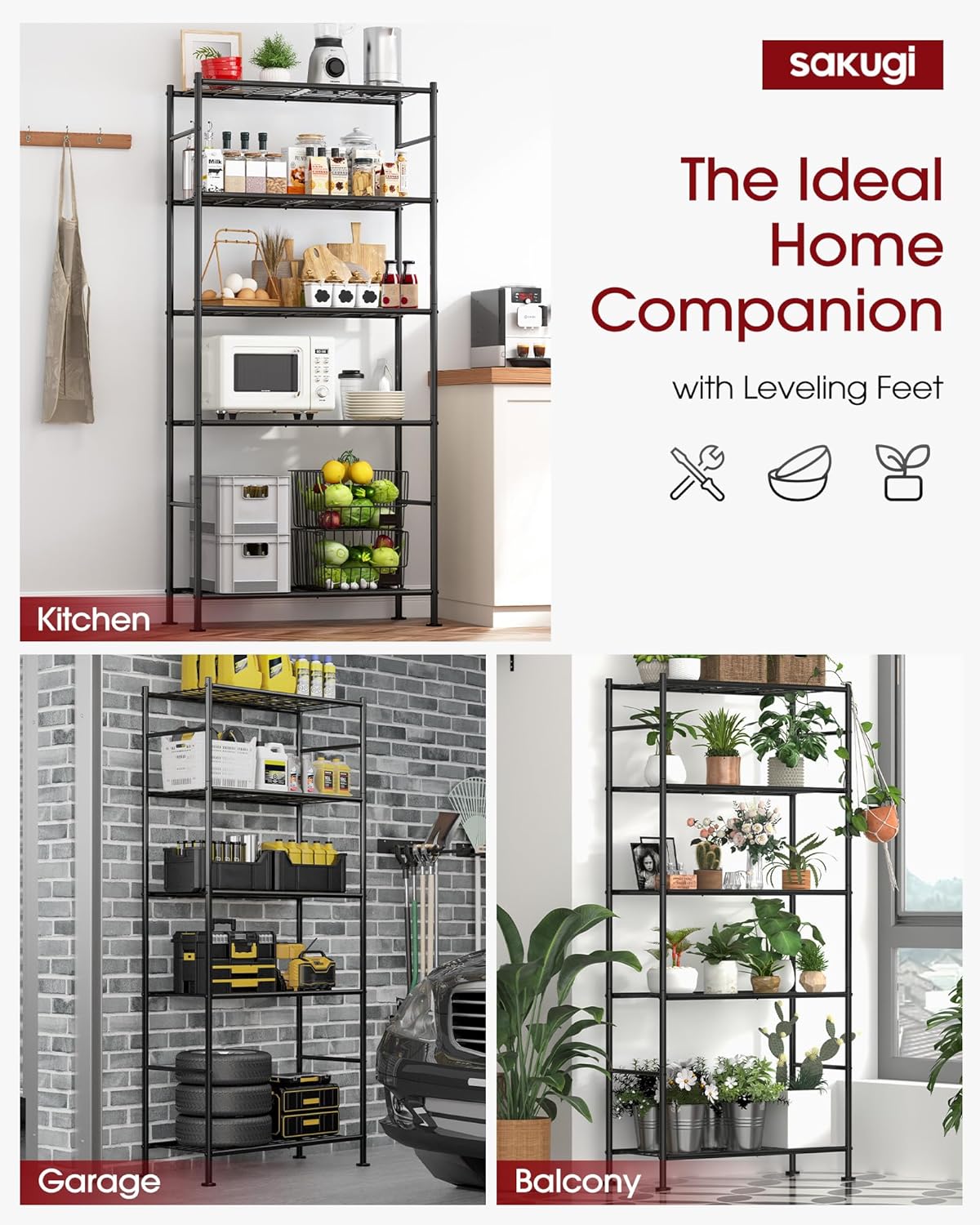 Storage Shelves Organizer - 5 Tier Metal Shelf Organizer with Metal Wheels and Adjustable Leveling Feet, Heavy Duty