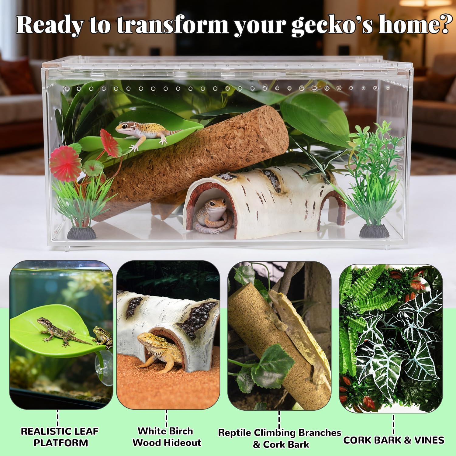 Crested Gecko Tank Accessories, Reptile Decor,Reptile Hanging Plants Vines with Coconut Shell Ladder Hideout Hermit