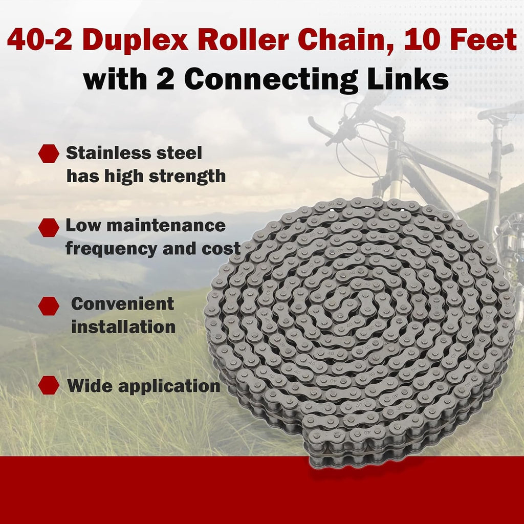 findmall 40-2 Duplex Roller Chain, 10 Feet Carbon Steel, Double Strand