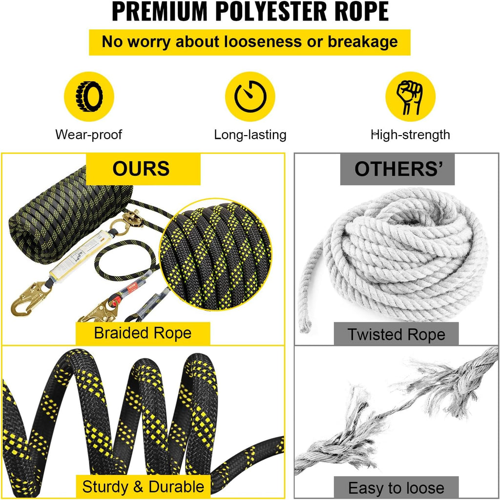 Vertical Lifeline Assembly, 0.55'' x 50' Fall Protection Rope with 30 KN Breaking Tension, Polyester Roofing Rope