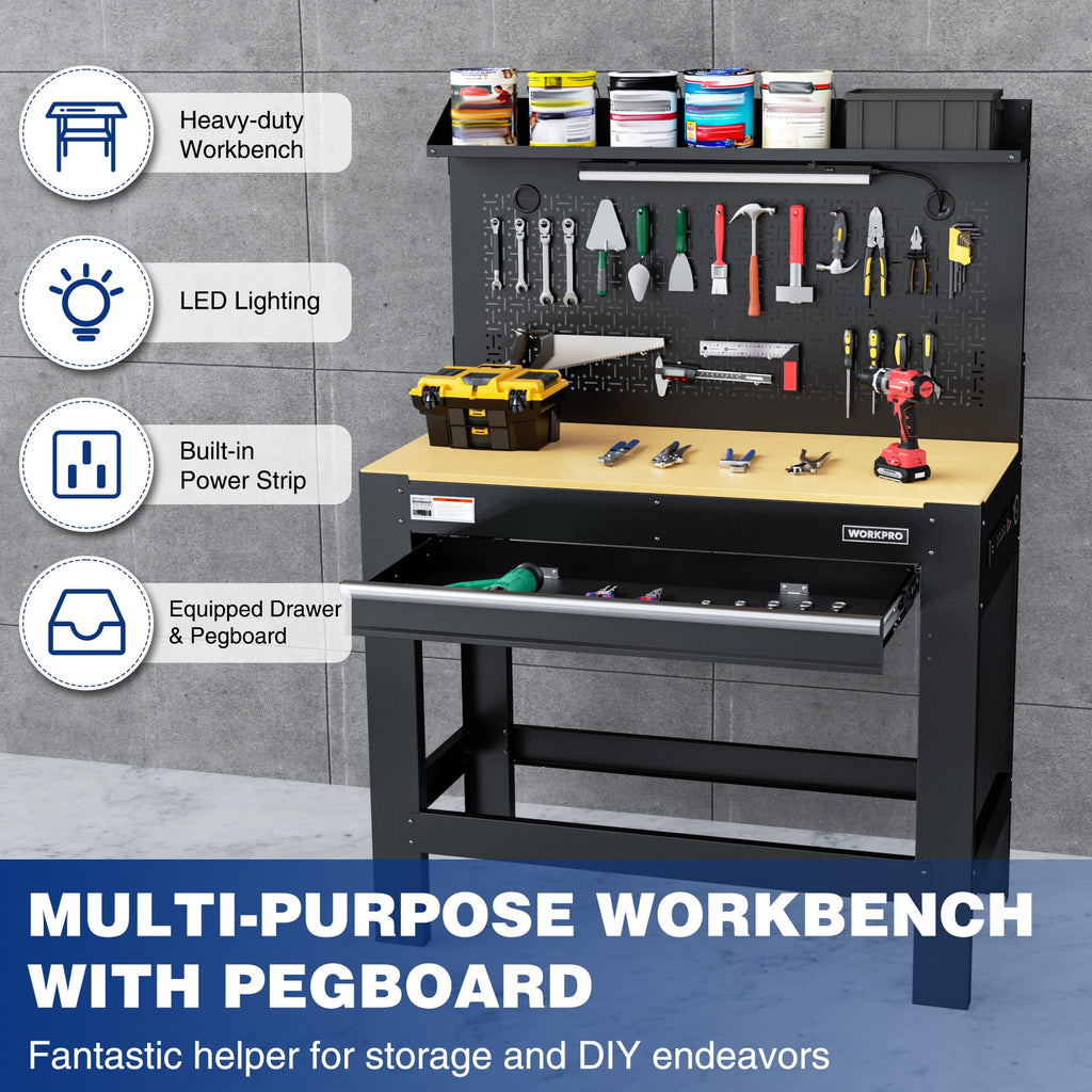 45" Workbench with Pegboard, Power Outlet & LED Light