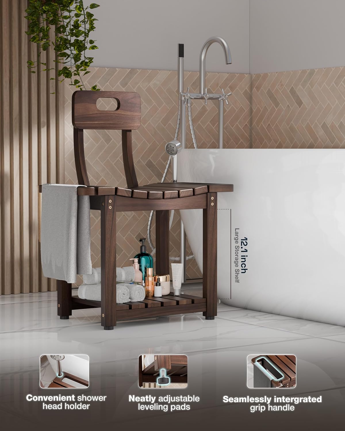 23.4'' Shower Chair with Backrest Bath Chair for Inside Shower or Tub, Heavy Duty 450 lbs Support, Non-Slip Feet