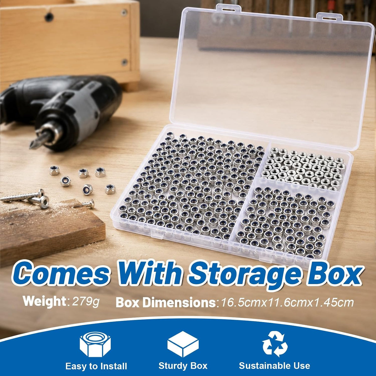 M4-0.7 Lock Nut 300Pcs Stainless Steel Nylock Locking Nuts with Washer