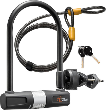 Bike U Lock with Cable - Via Velo Heavy Duty Bicycle U-Lock,14mm Shackle and 10mm x1.8m Cable with Mounting Bracket