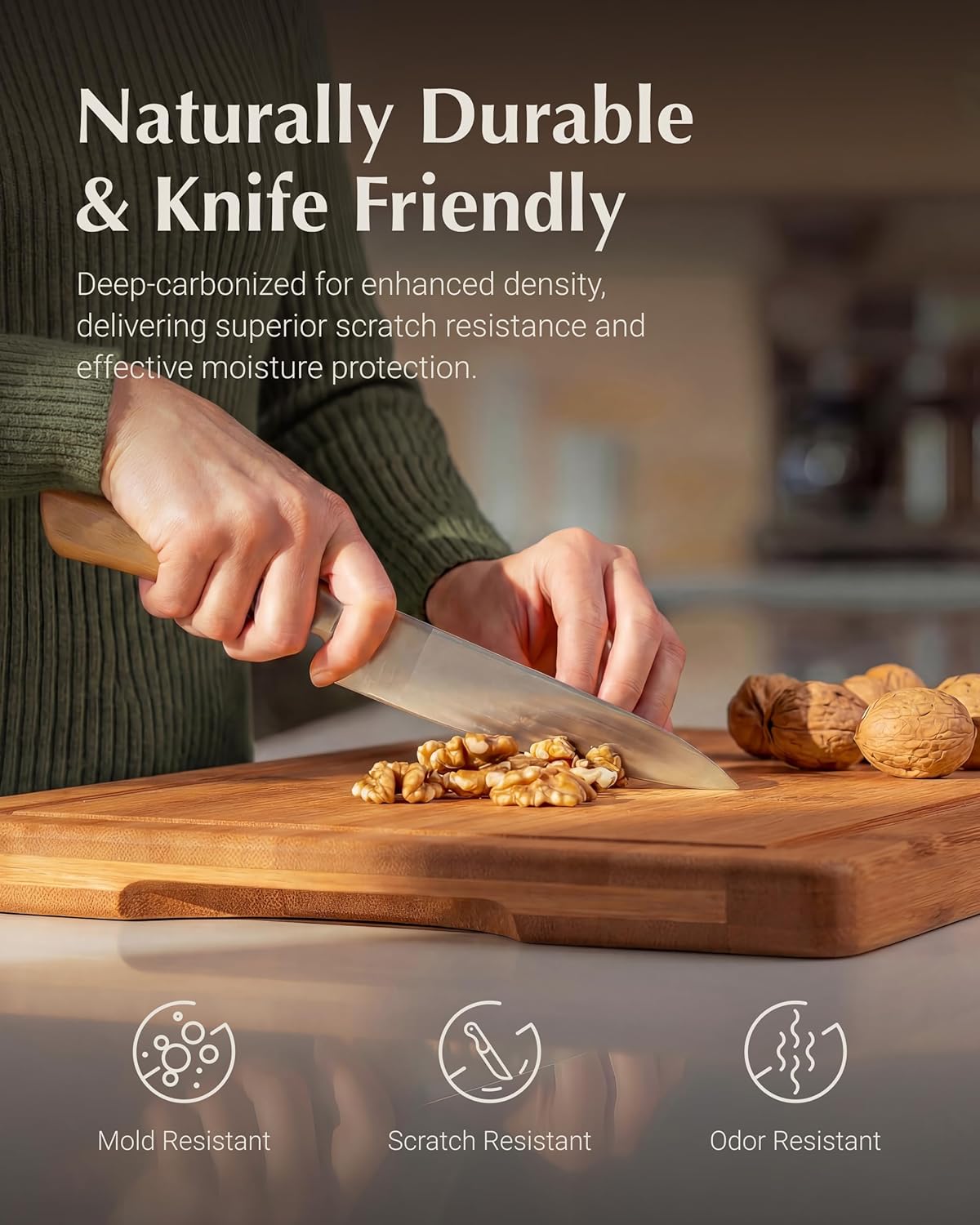 Deep-Carbonized Bamboo Cutting Board Set for Kitchen with Wood Storage Stand, Deep Juice Grooves, Easy-Grip Handles &