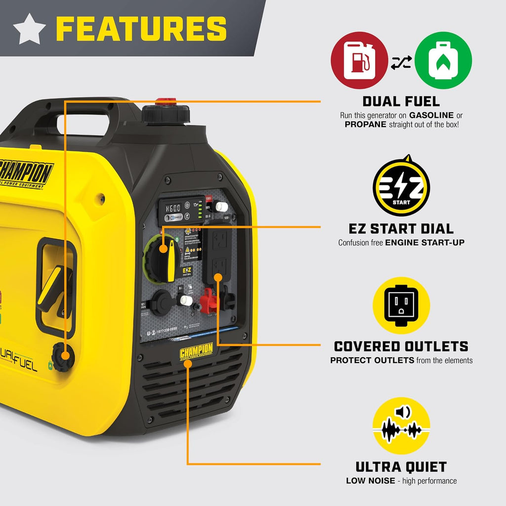 2500-Watt Dual Fuel Portable Inverter Generator with Quiet Technology and CO Shield | 53 dBA quiet, CO Shield auto
