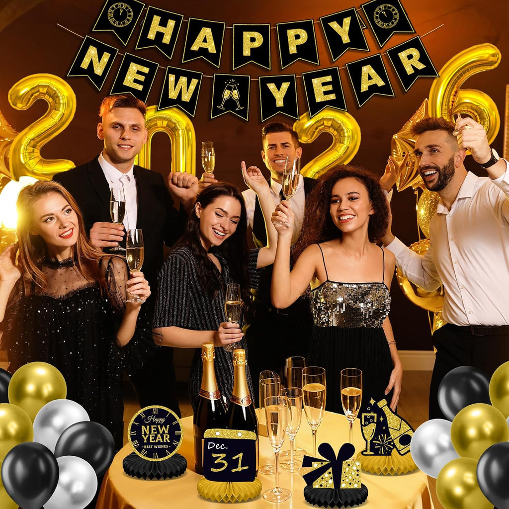 New Years Eve Party Supplies 2026 for 12, New Years Eve Party Decorations, 6 Hat, 6 Glasses, 12 blowouts, 6 Table