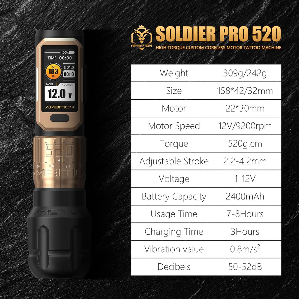 Soldier Pro 520 Tattoo Gun, Wireless Rotary Tattoo Pen Machine with 520g.cm Ultra High Torque Motor, Dual 2400mAh
