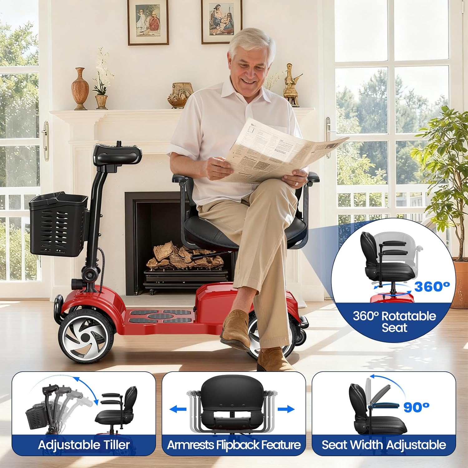 20 Miles 4 Wheel Mobility Scooters for Seniors and Adults, 6.2 MPH, Red