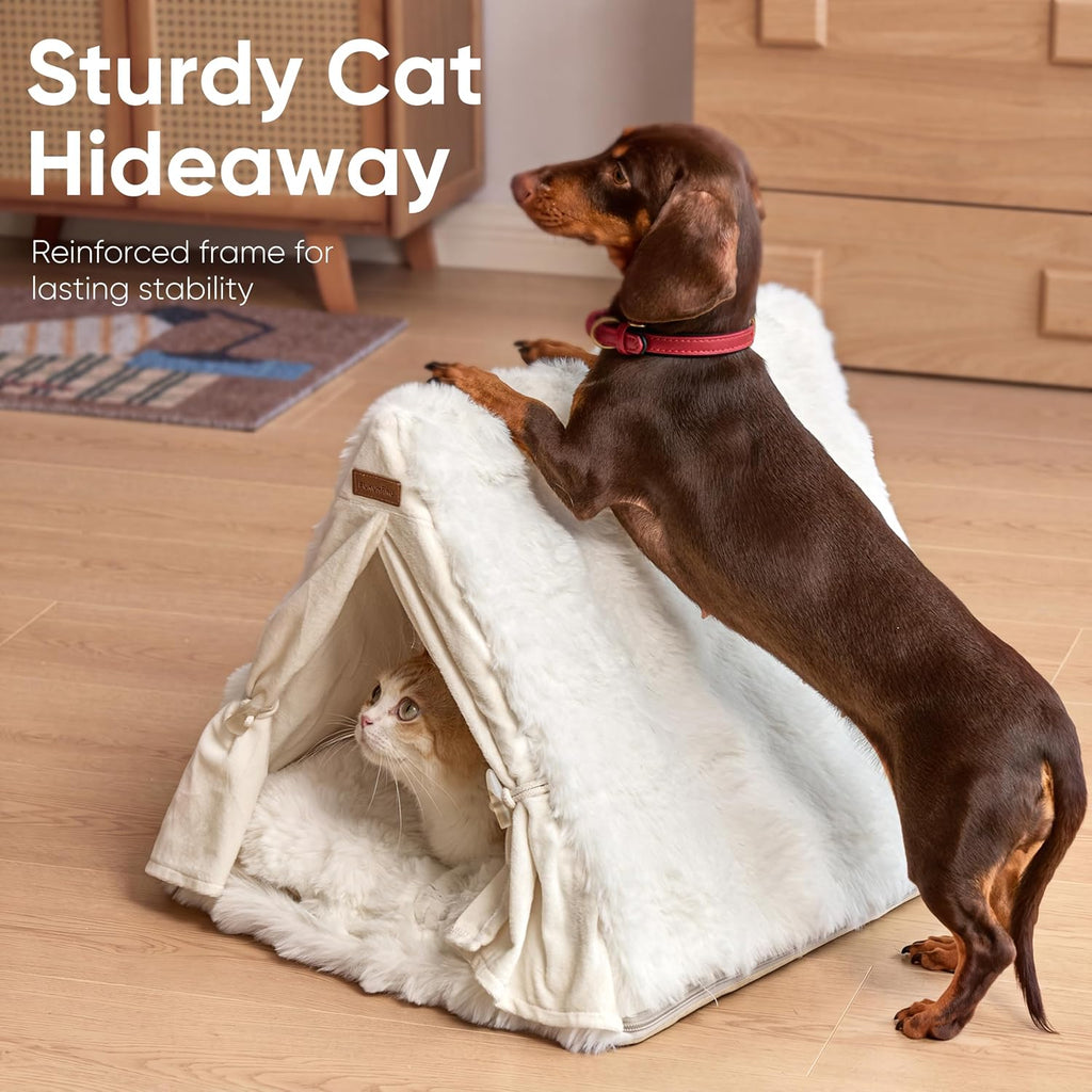 Cat Cave Bed, Sturdy Frame Washable Cat Tent Bed with Curtain