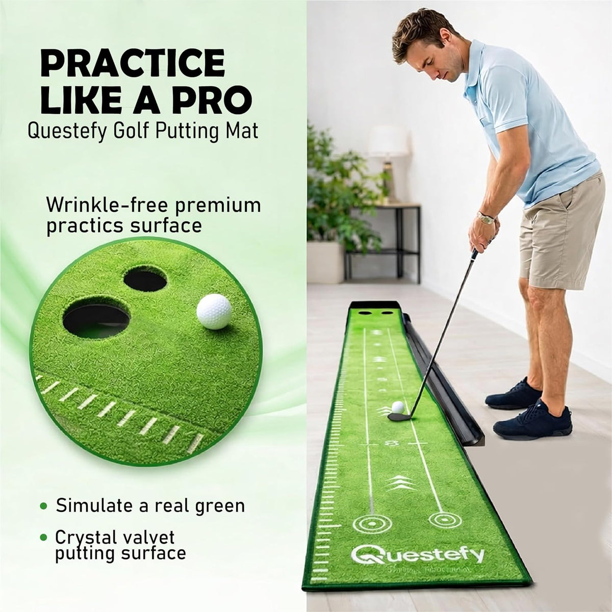Putting Green Indoor | Wrinkle-Free Golf Mat with Auto Ball Return | Non-Slip Surface & Alignment Markings for