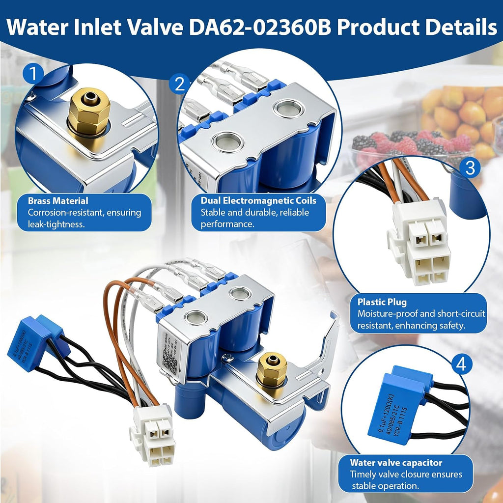 DA62-02360B Water Inlet Valve Compatible with samsung Refrigerator RS263TDBP, RS25H5111SG etc, DA62-02291D Water Inlet Solenoid Valve Replace 2034646, AP4926345, EAP4146914, PS4146914, 737534554869