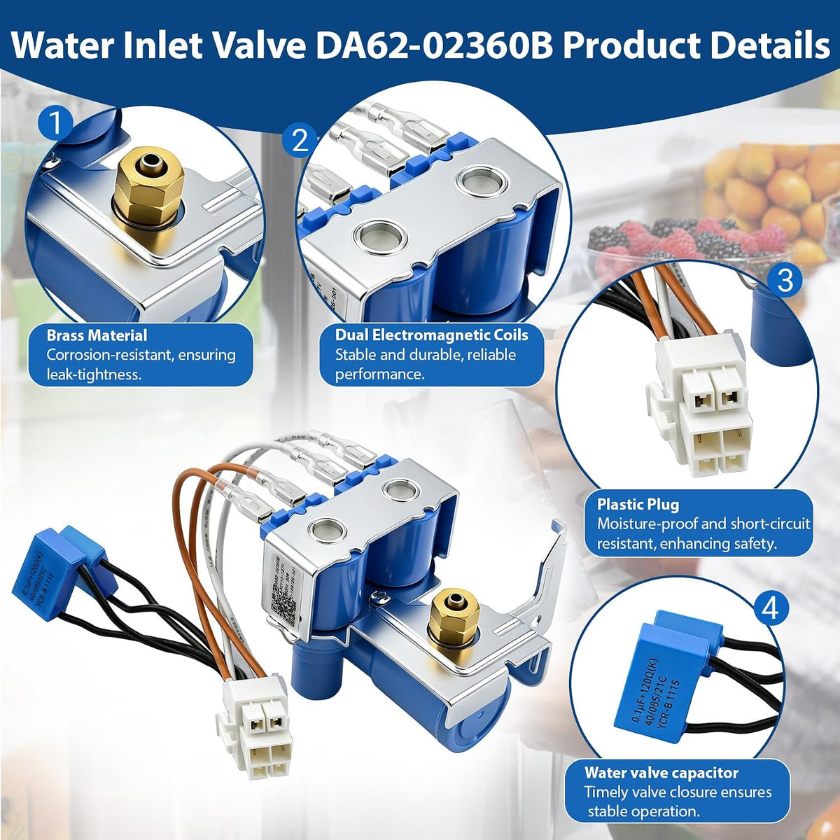 DA62-02360B Water Inlet Valve Compatible with samsung Refrigerator RS263TDBP, RS25H5111SG etc, DA62-02291D Water Inlet Solenoid Valve Replace 2034646, AP4926345, EAP4146914, PS4146914, 737534554869