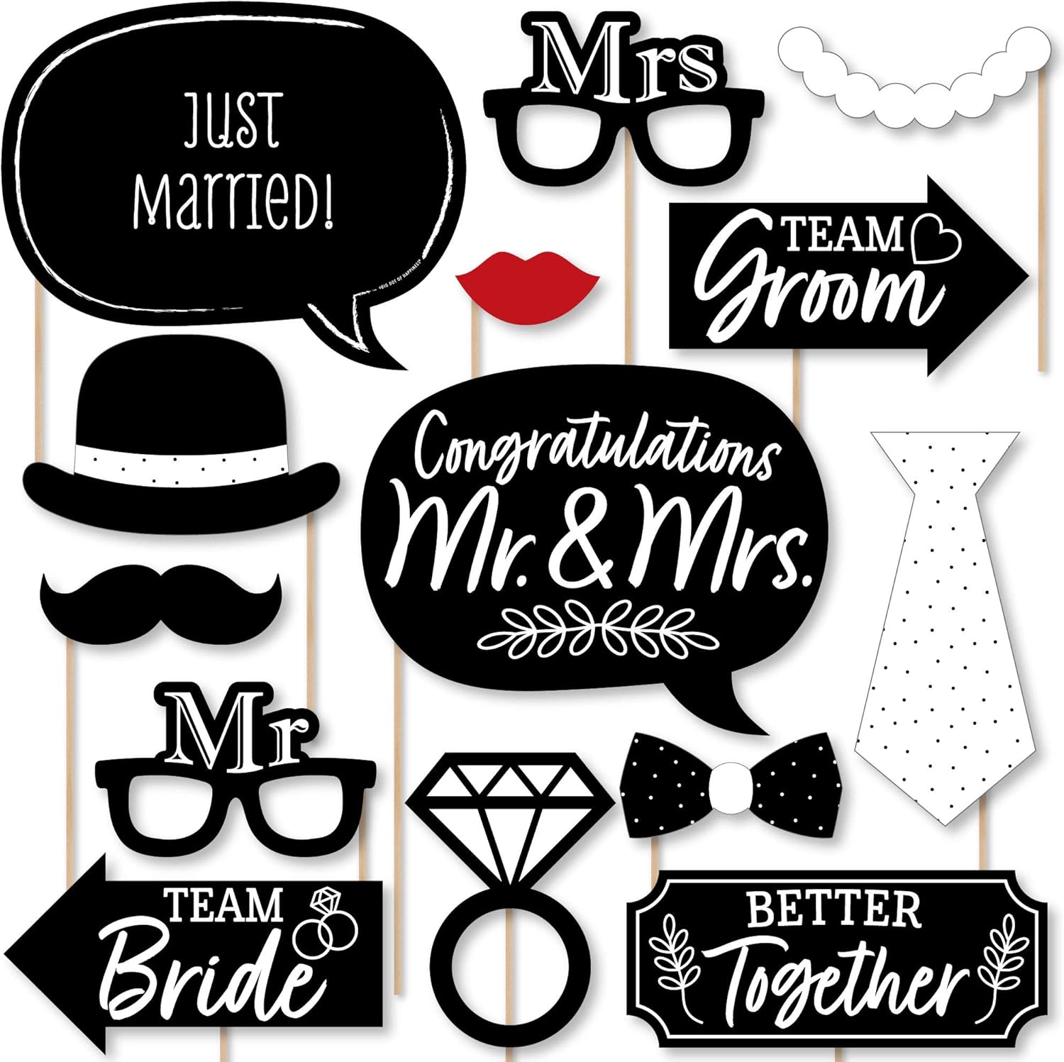 Mr. and Mrs. - Black and White Wedding or Bridal Shower Photo Booth Props Kit - 20 Count