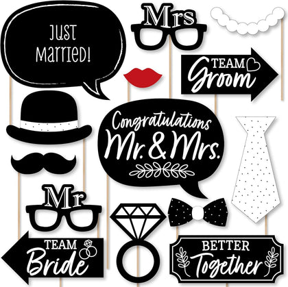 Mr. and Mrs. - Black and White Wedding or Bridal Shower Photo Booth Props Kit - 20 Count