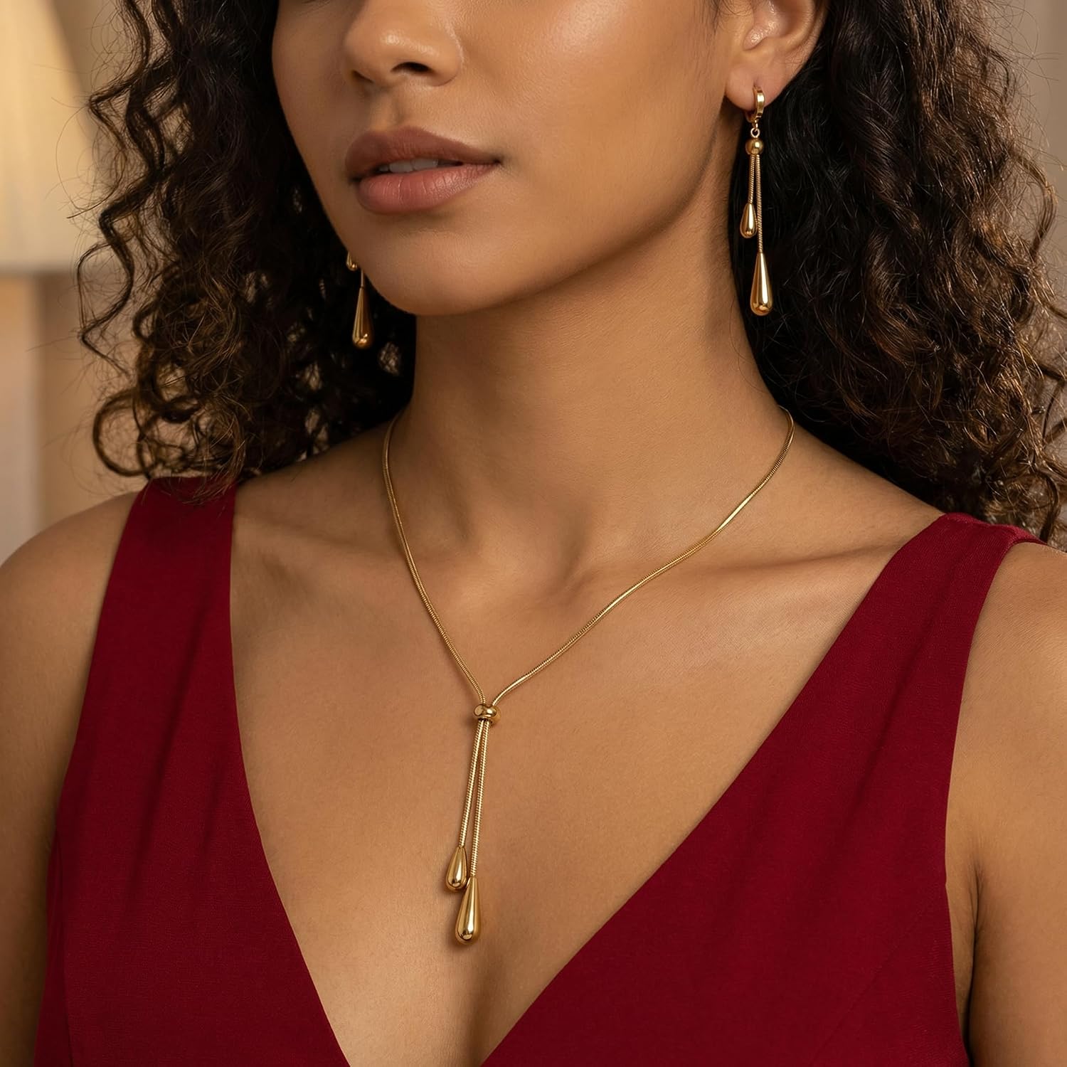 Gold Plated Teardrop Jewelry Set for Women - Hypoallergenic Adjustable Lariat Necklace & Earrings - Minimalist