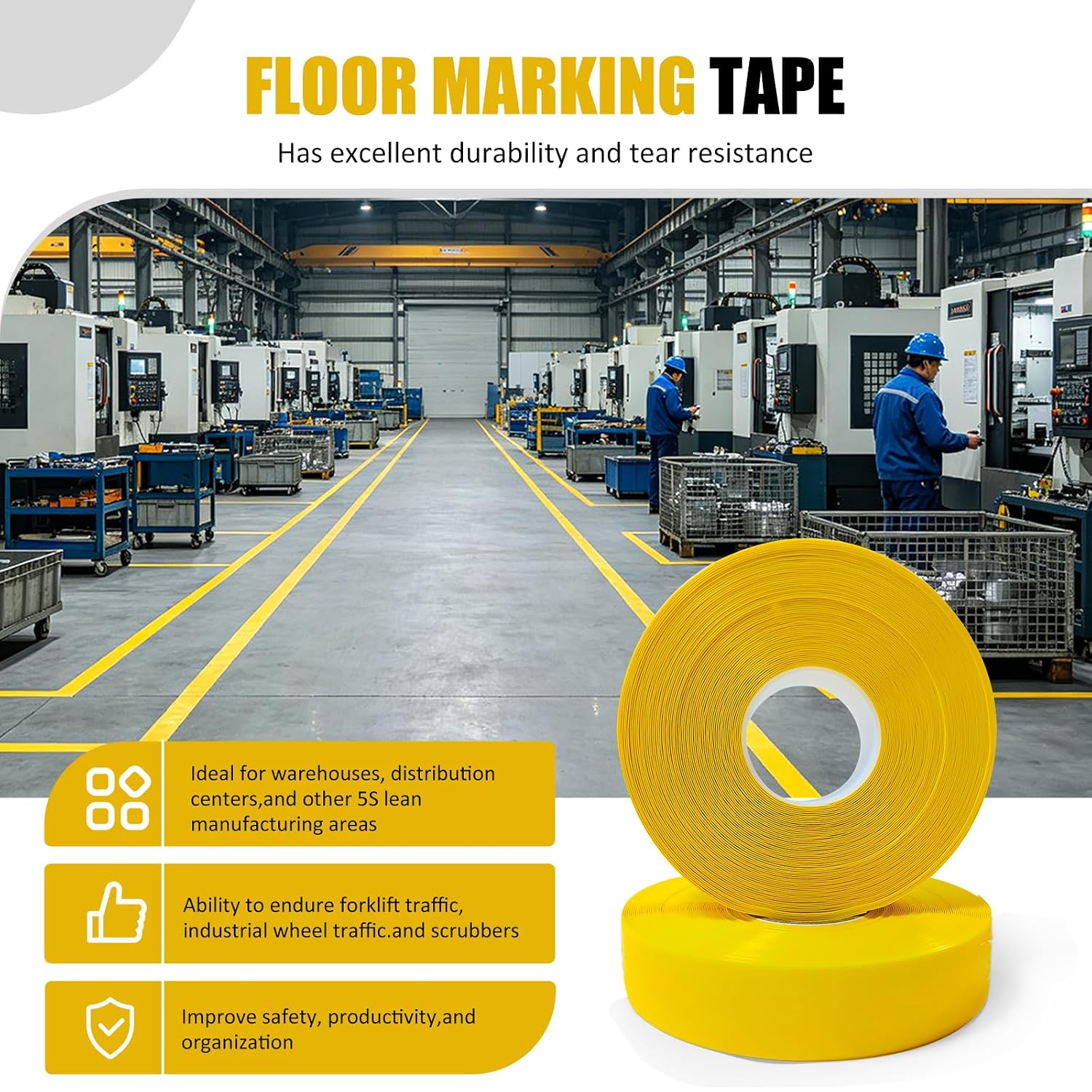Yellow Floor Marking Tape，1.1mm Thick x 100 ft Long x 2 in Wide，Heavy Duty PVC Safety Tape for Warehouses, Storage &