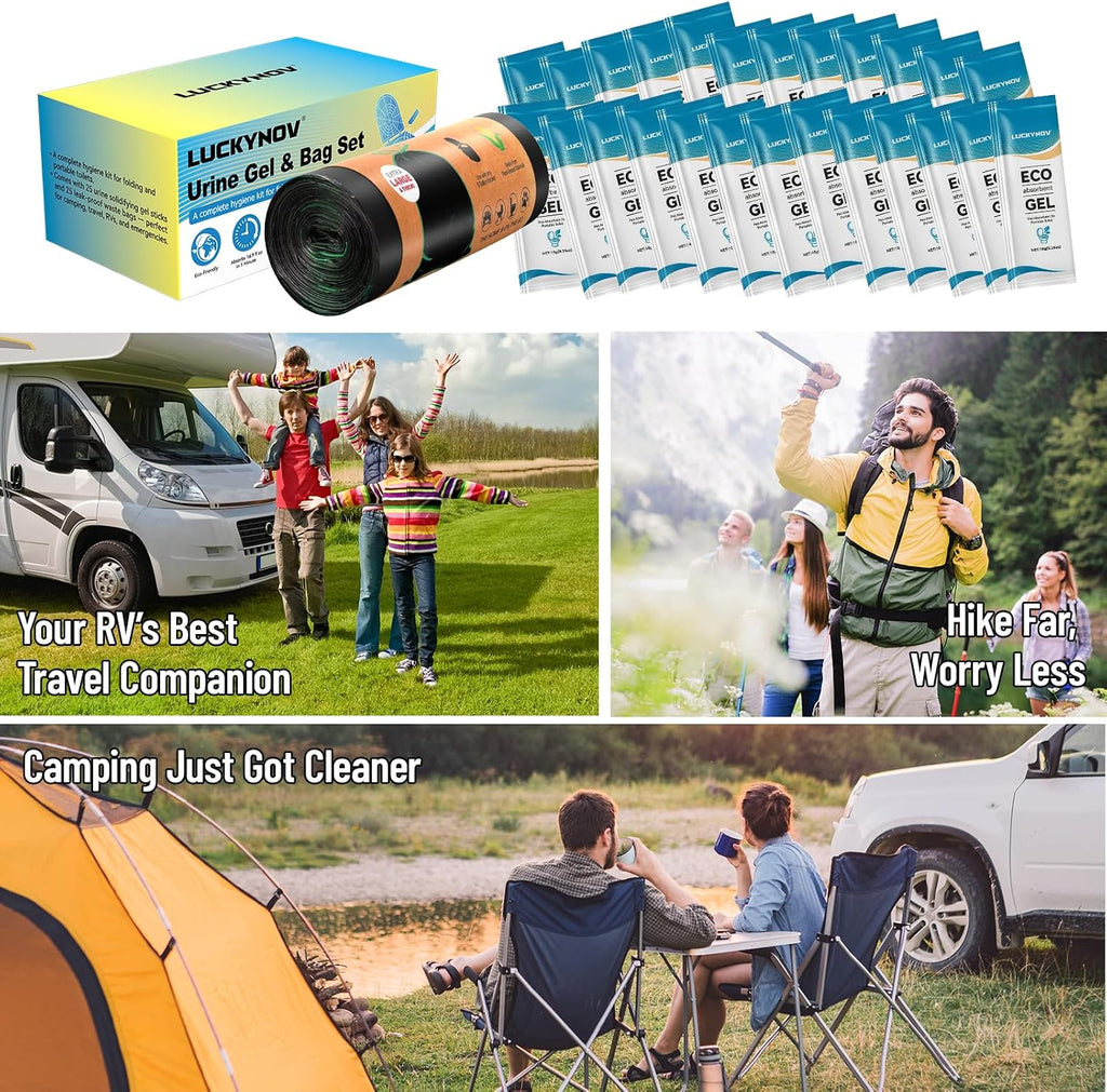 25 Portable Toilet Bags with 25 Poo Gels, 8 Gallon Leak-Proof Camping Toilet Waste Bags – Absorbent Gel Value Pack