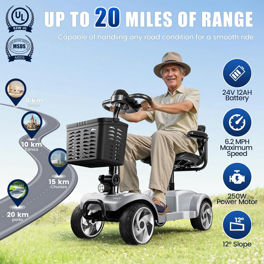 20 Miles 4 Wheel Mobility Scooters for Seniors and Adults, 6.2 MPH, Silver
