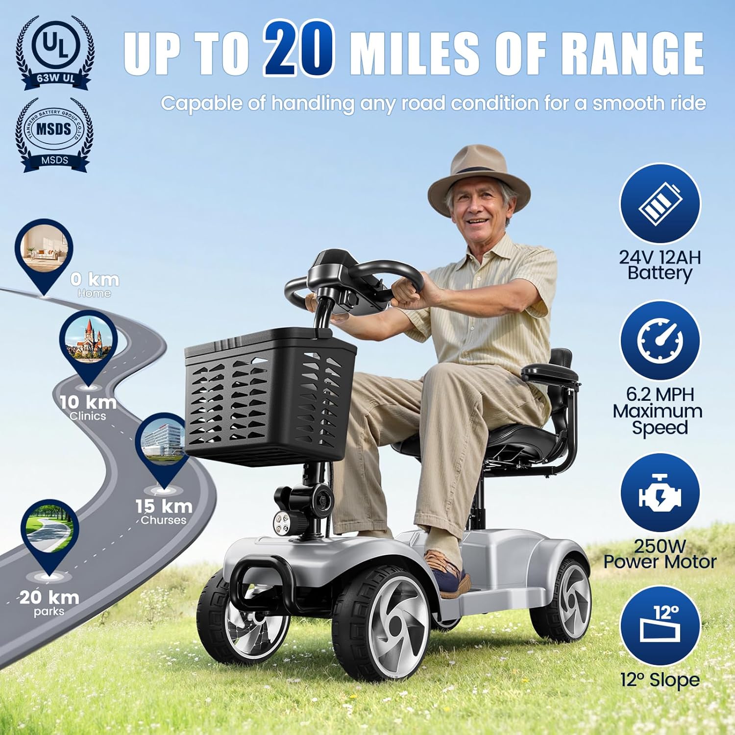 20 Miles 4 Wheel Mobility Scooters for Seniors and Adults, 6.2 MPH, Silver