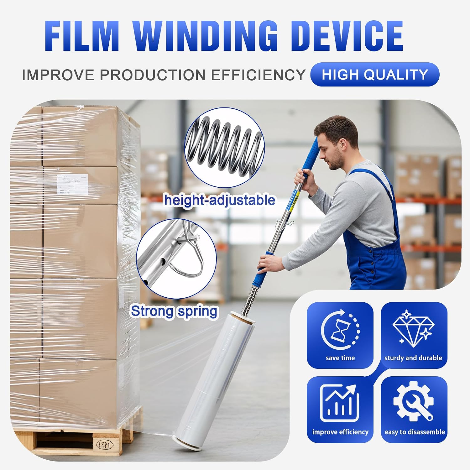 Long Handle Pallet Stretch Wrap Dispenser, Stretch Wrap Dispenser for Film Width 12-20 inch, Rolls 1.5" to 3"