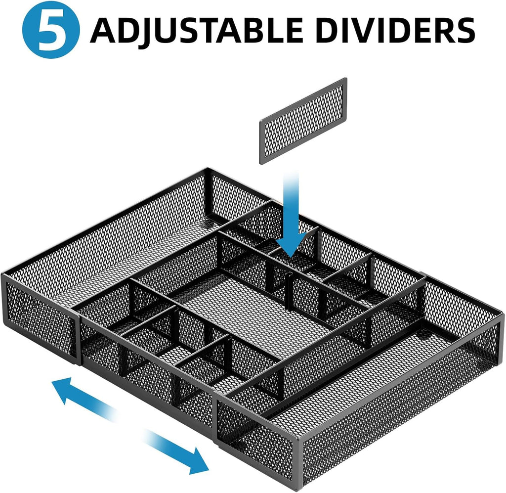 Expandable Desk Drawer Organizer, Mesh Drawer Organizer Tray with 10 Adjustable Compartments, Desk Organizers and