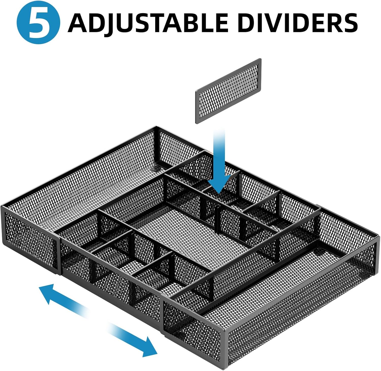 Expandable Desk Drawer Organizer, Mesh Drawer Organizer Tray with 10 Adjustable Compartments, Desk Organizers and