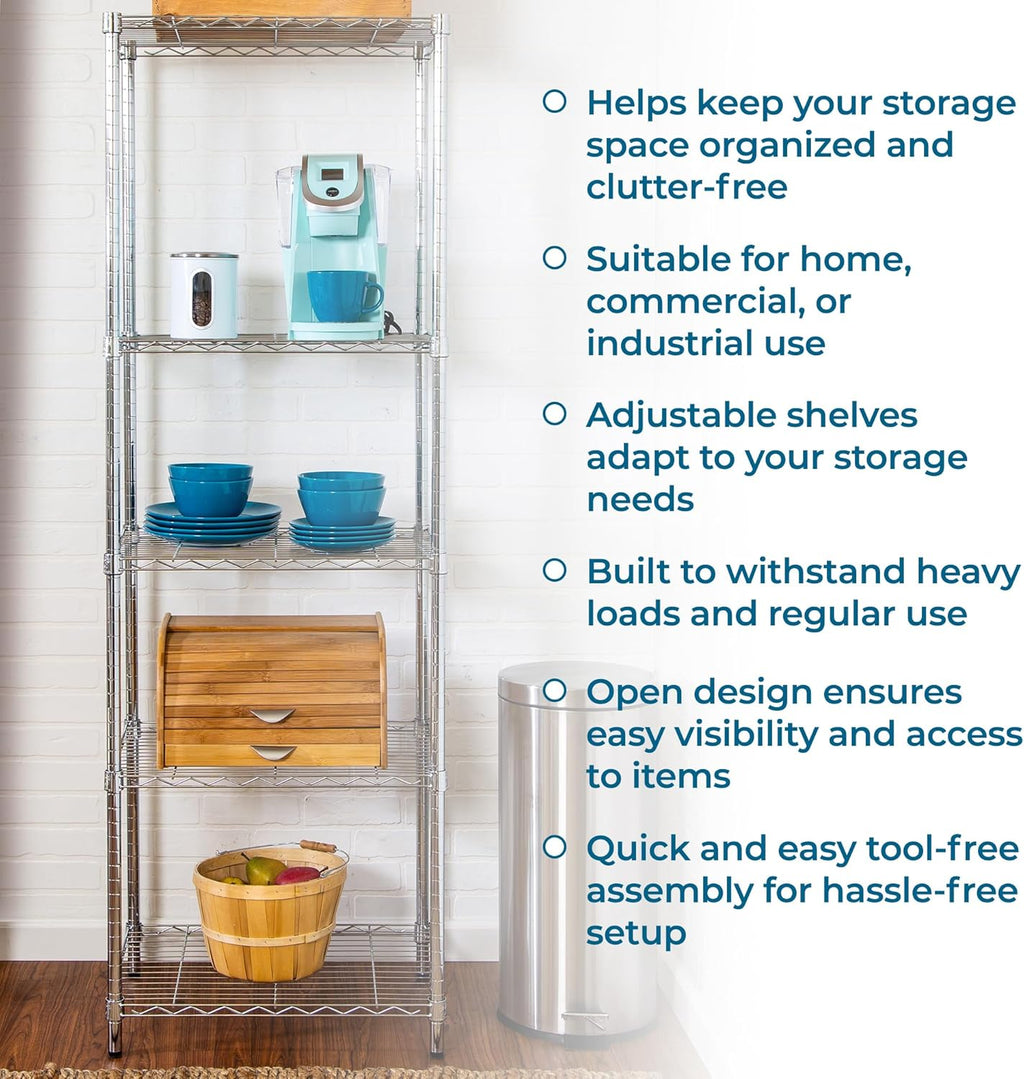 5-Tier Heavy Duty Adjustable Shelving Unit, 250-lb Per Shelf NSF Certified Metal Storage Rack, Chrome Wire Shelf for