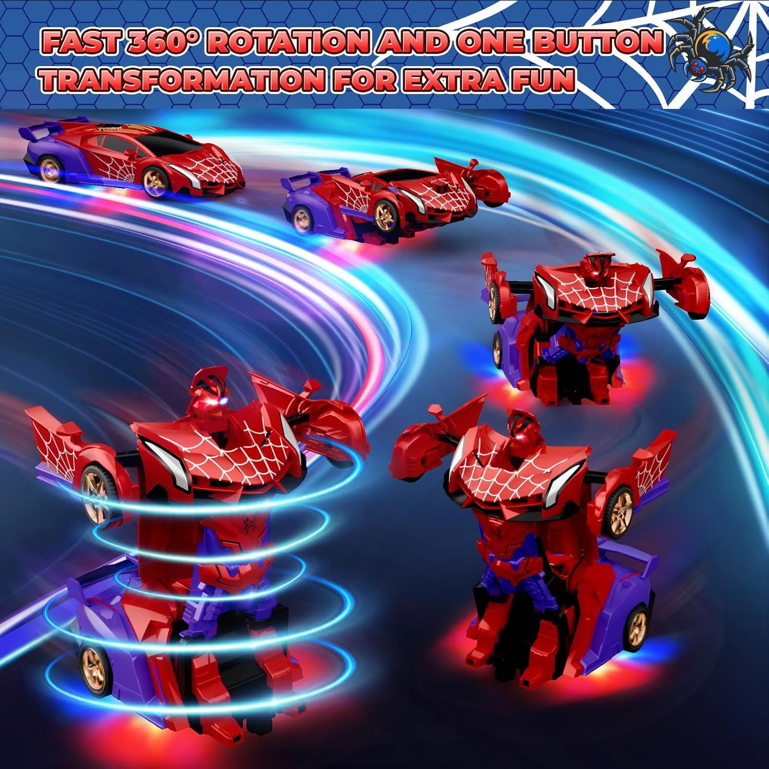 Spider Transform RC Cars Toys with Eye & Underbody Lights, 2.4GHz Remote Control Car One-Button Deformation, Fast