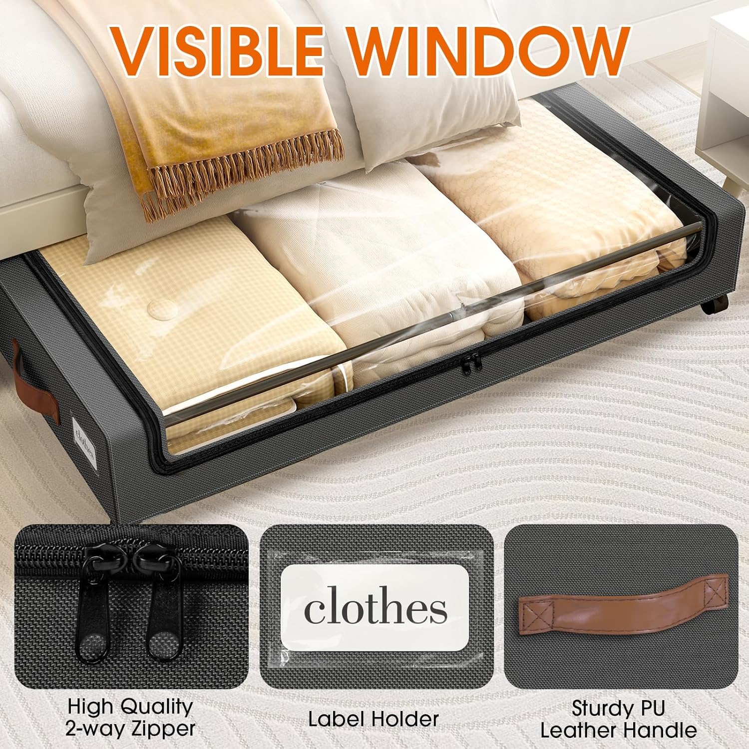 Under Bed Storage with Wheels 2Pack Storage Containers with Clear Window&Label Under Bed Drawers Rolling Under Bed