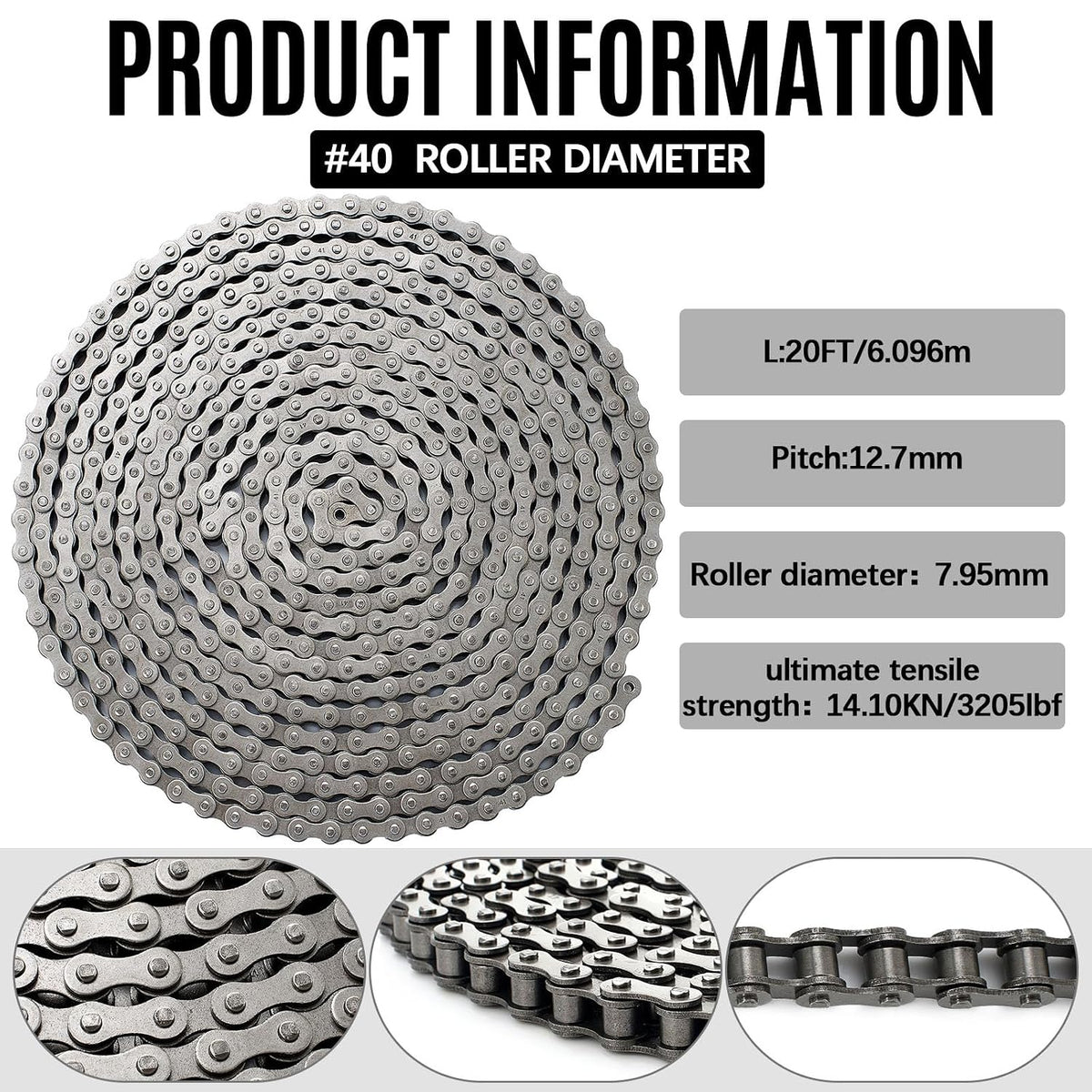 Tandefio #40 20 ft Roller Chain for Gate Openers, Carbon Steel, 2 Links