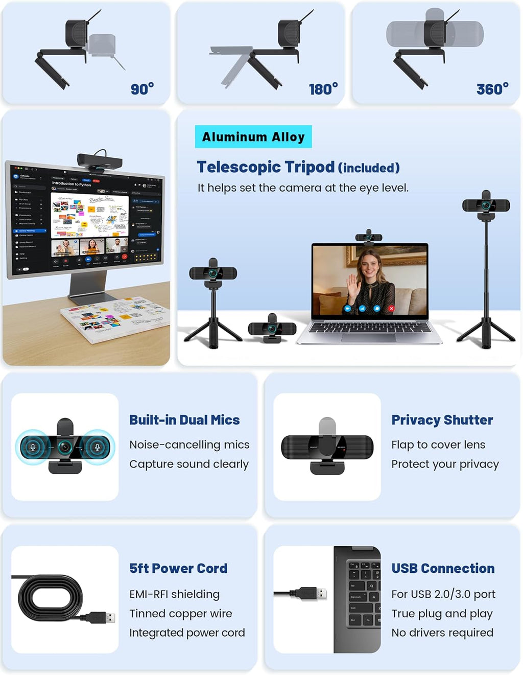 Pro HD 1080p/30fps Webcam with Dual Microphones, External USB Web Camera