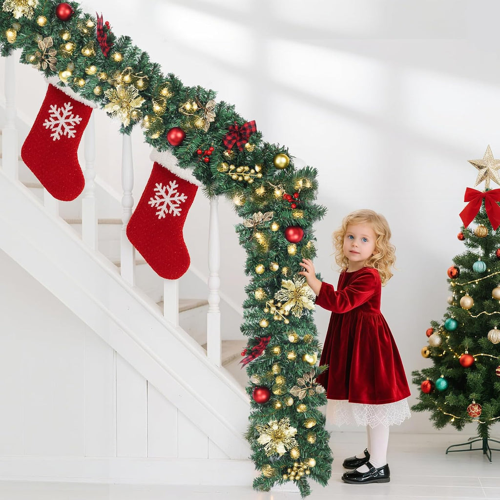 9FT Christmas Garland with Lights, Pre-Lit Garland for Christmas Decorations with, Bows, Berries, Balls, Flowers