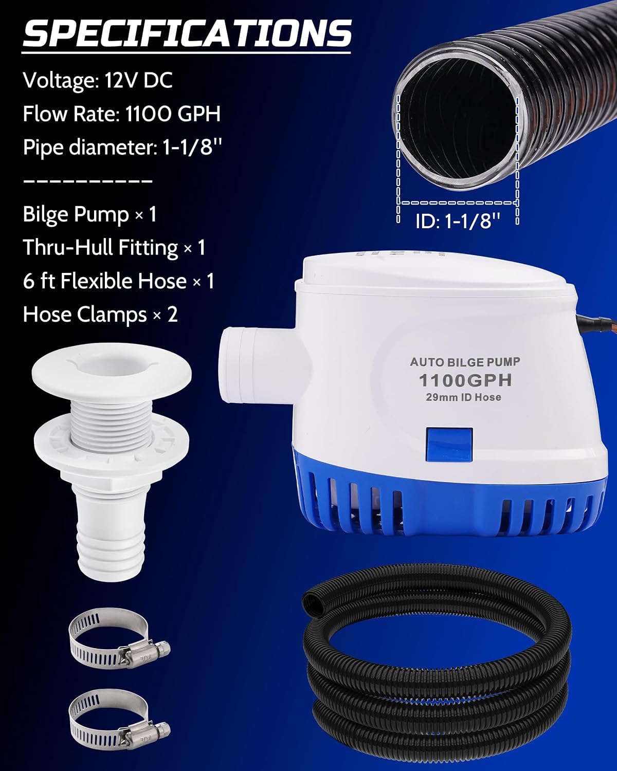 12V Automatic Boat Bilge Pump Kit, 1100GPH DC Marine Pump w/Float Switch