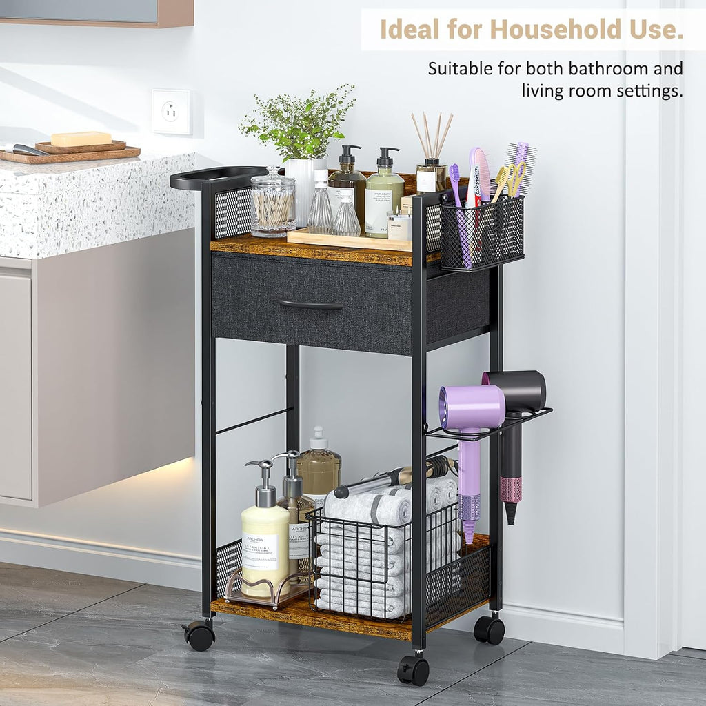 Salon Trolley Cart with Wheels, Mobile Hair Stylist Station with Metal Tool Holder & Basket, Rolling Barber Table