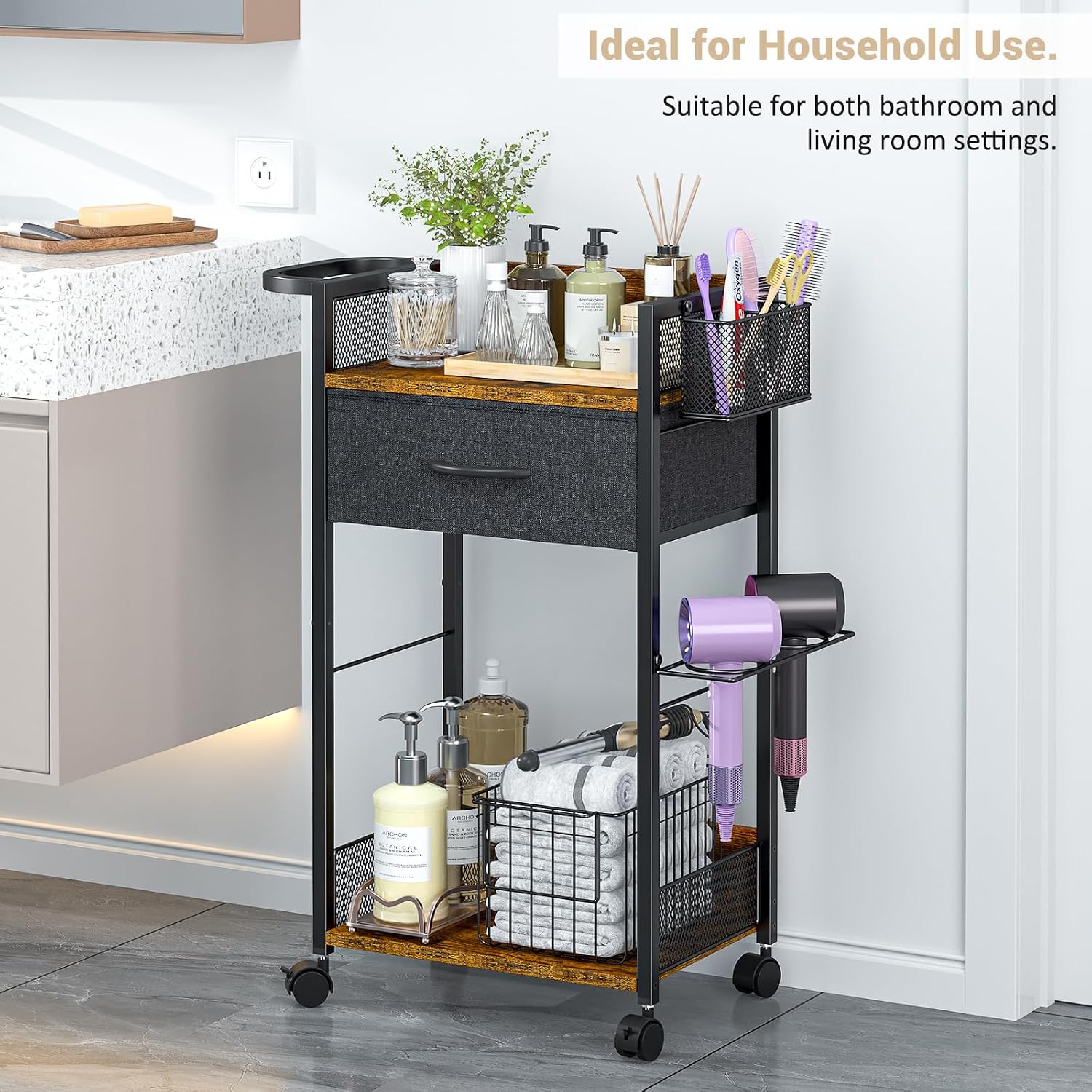Salon Trolley Cart with Wheels, Mobile Hair Stylist Station with Metal Tool Holder & Basket, Rolling Barber Table