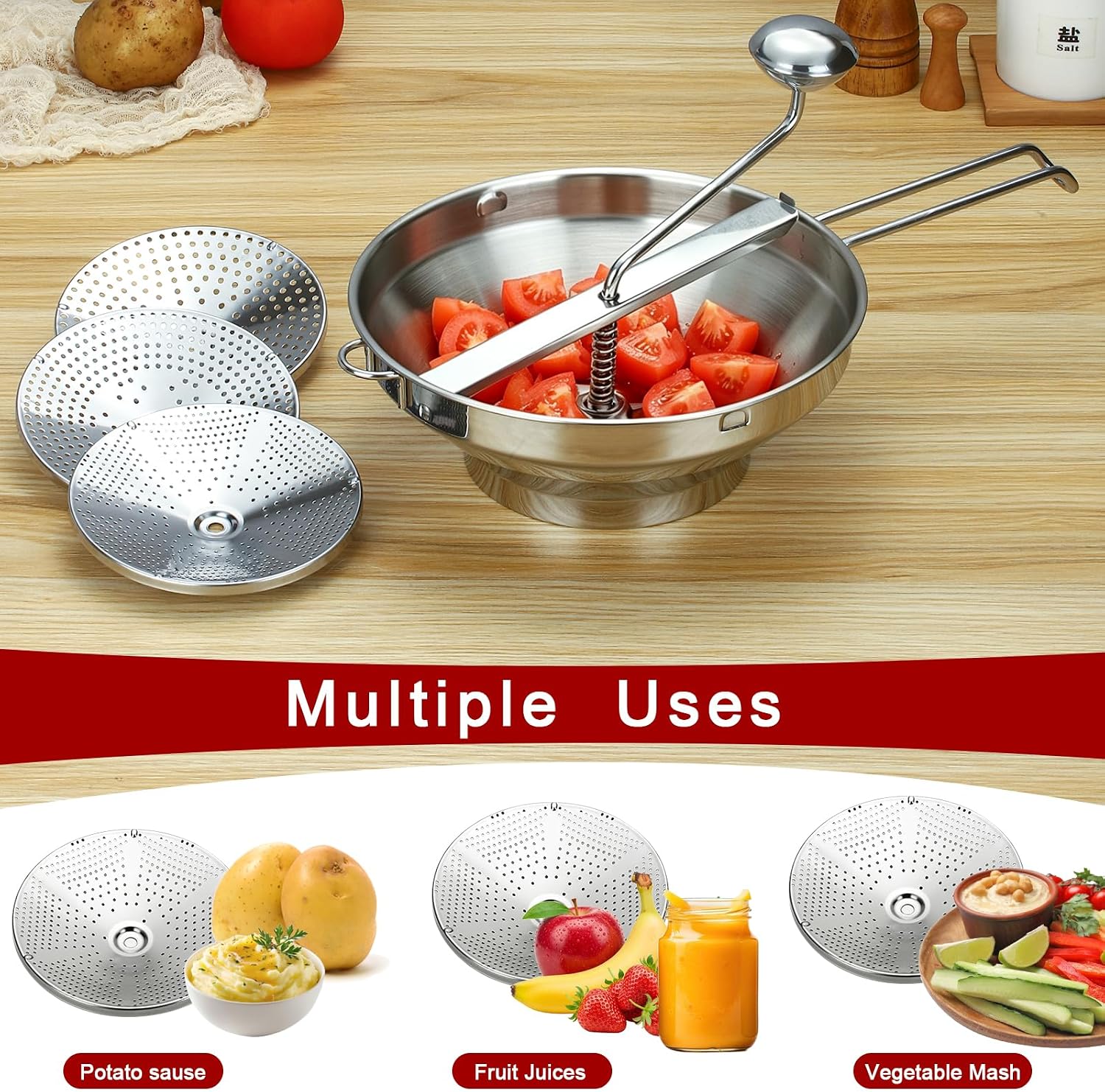 Food Mill for Tomatoes, Stainless Steel Rotary Strainer with Coarse Disc
